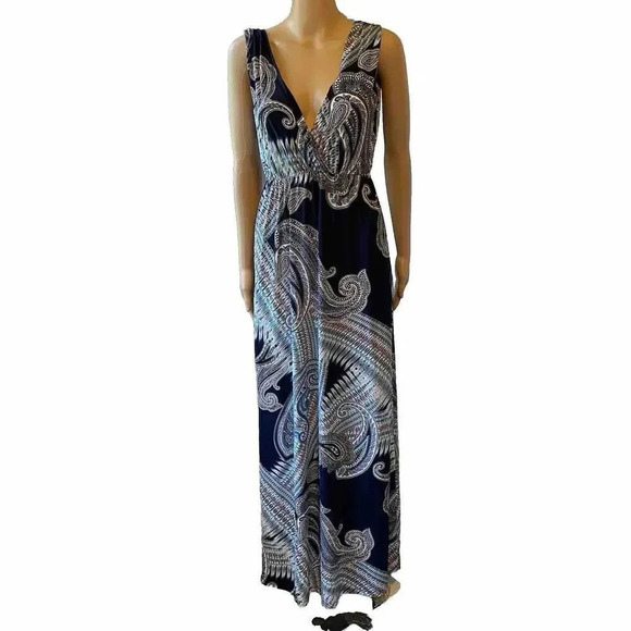 Renee C. Women's S Blue Paisley Double V Maxi Dress Beach Summer Comfy Stretchy - Picture 1 of 7